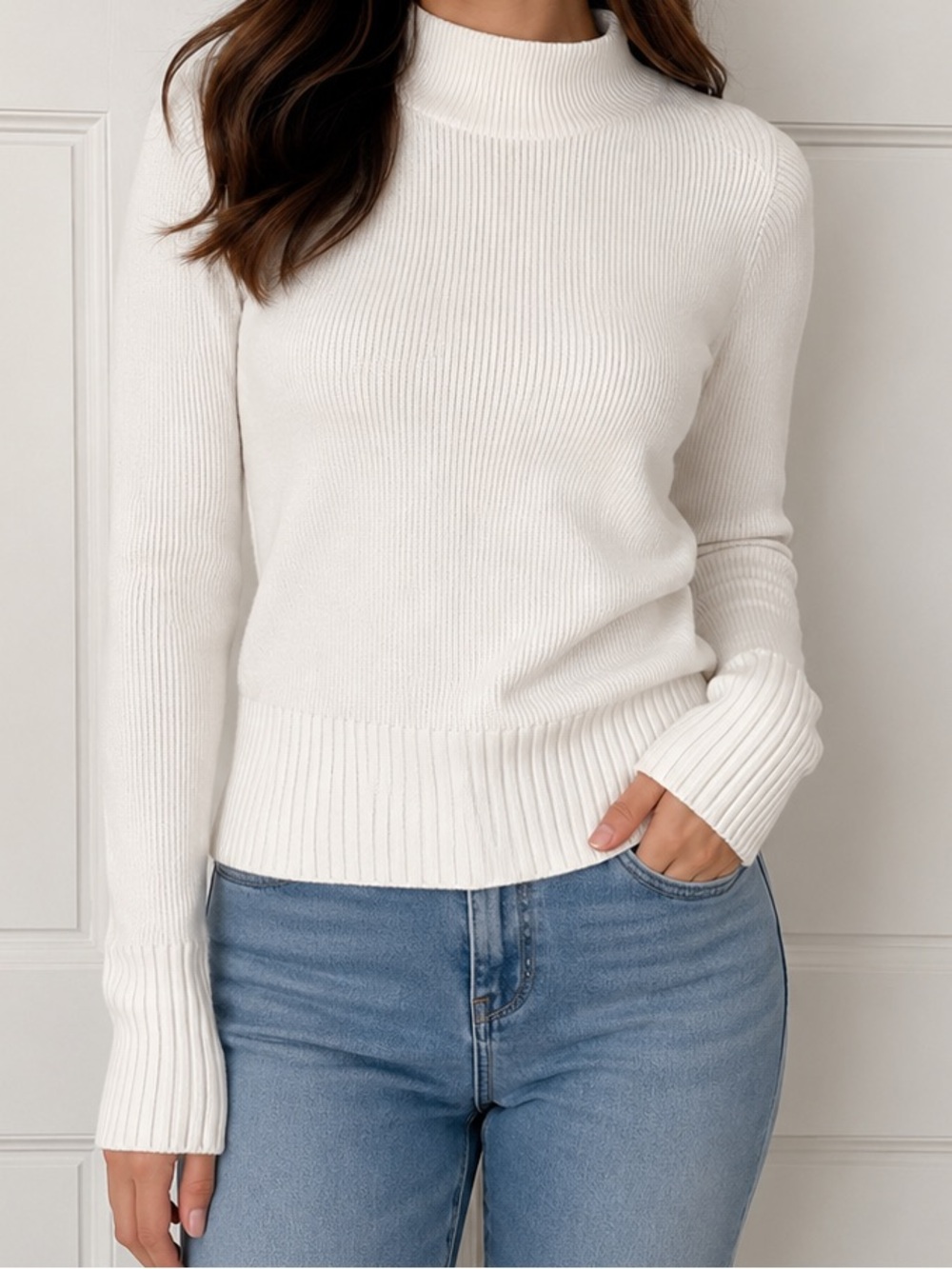 French Connection Cream Mock Neck Ribbed Sweater
